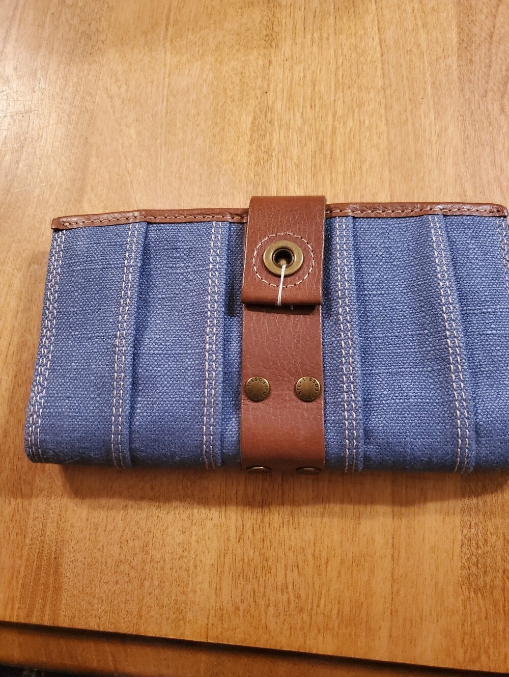 Vintage Fossil Trifold Clutch Wallet Blue Denim Canvas Brown Leather Snap Strap